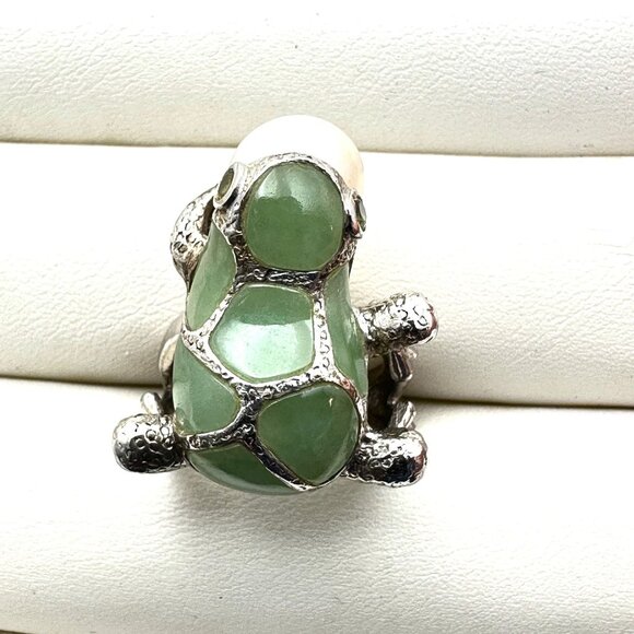 Green Jade Pearl Sterling Silver Frog Design Ring Size 6 - Picture 2 of 4